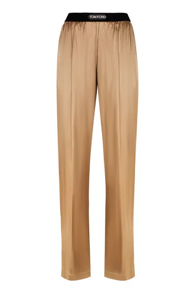 Tom Ford Stretch Silk Satin Straight Pants In Beige