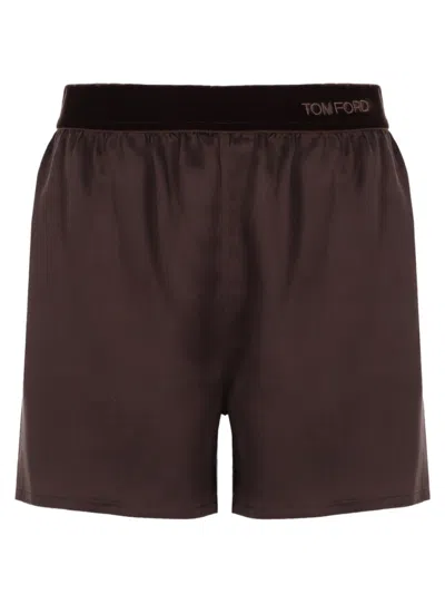 Tom Ford Silk Velvet Band Detail Logo Shorts In Brown