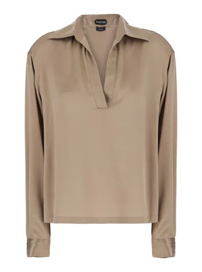Tom Ford Silk V-neck Shirt With Wide Collar And Relaxed Fit In Neutral