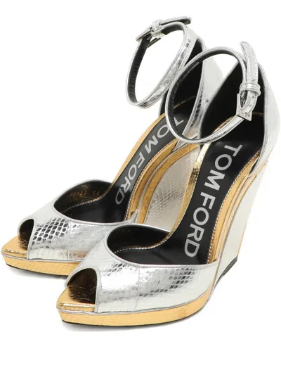 Pre-owned Tom Ford Embossed Leather Ankle Strap Pumps In Silver