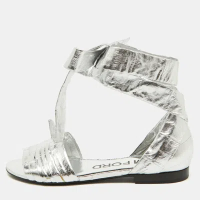 Pre-owned Tom Ford Silver Laminated Leather Ankle Wrap Flat Sandals Size 38