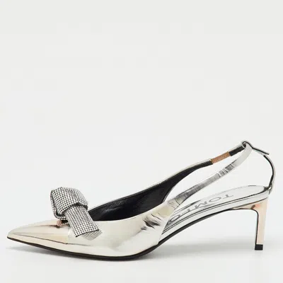 Pre-owned Tom Ford Silver Leather Embellished Bow Slingback Pumps Size 37.5