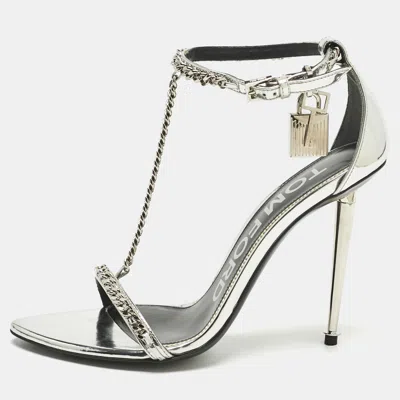 Pre-owned Tom Ford Silver Patent Leather Padlock Chain Ankle Strap Sandals Size 36