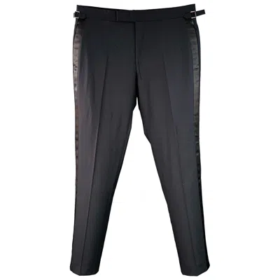 Pre-owned Tom Ford Size 36 Navy Black Wool Flat Front Side Tabs Zip Fly Dress Pants In Blue