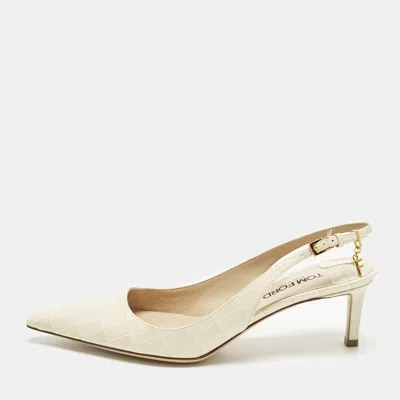 Pre-owned Tom Ford Size 37 Cream Croc Embossed Patent Leather Slingback Pumps In White