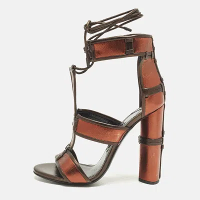 Pre-owned Tom Ford Size 37.5 Metallic/brown Leather Panelled Patchwork Ankle Strap Sandals In Silver