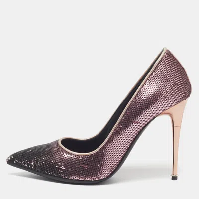 Pre-owned Tom Ford Size 37.5 Purple/black Leather And Sequins Pointed Toe Pumps
