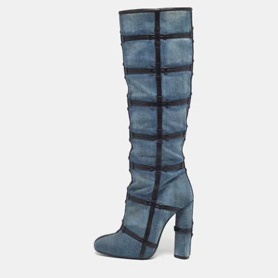 Pre-owned Tom Ford Size 39 Denim And Leather Trim Patchwork Knee Length Boots In Blue