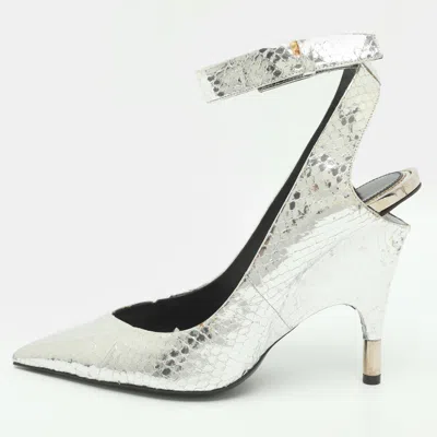 Pre-owned Tom Ford Size 39 Silver Python Embossed Leather Ankle Strap Pumps