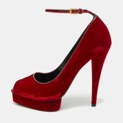 Pre-owned Tom Ford Size 39.5 Red Velvet Peep Toe Pumps