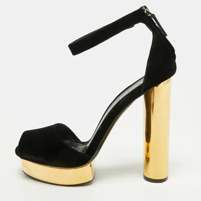Pre-owned Tom Ford Size 40 Black/gold Velvet Platform Ankle Strap Sandals