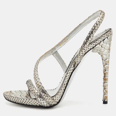 Pre-owned Tom Ford Size 40 Silver Snakeskin Leather Strappy Slingback Sandals