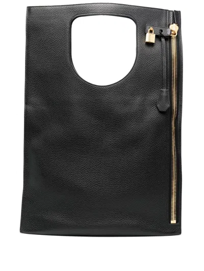 Tom Ford Sleek Black Leather Tote Handbag For Women In Fw23 Fashion Season
