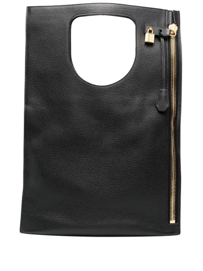 TOM FORD SLEEK BLACK LEATHER TOTE HANDBAG FOR WOMEN IN FW23 FASHION SEASON