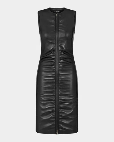 Tom Ford Sleeveless Ruched Zipper Leather Dress In Black