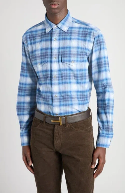 Tom Ford Slim Fit Defused Check Western Shirt In Blue