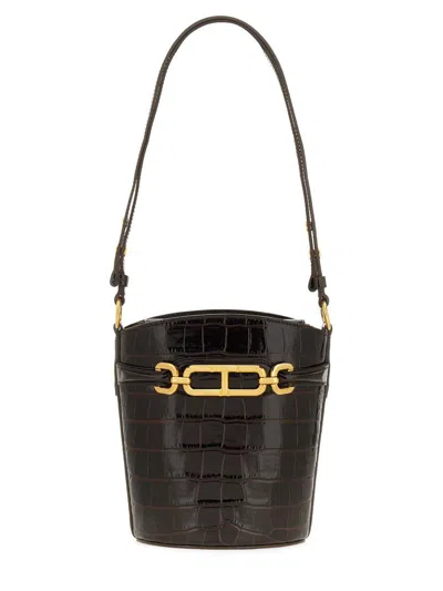 Tom Ford Small Shiny Stamped Croc Bucket Bag In Espresso