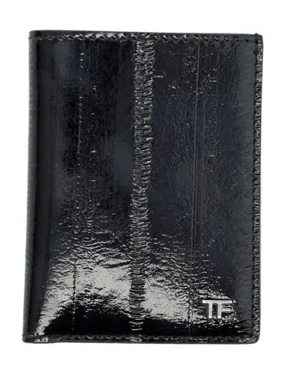 Tom Ford Small Ell Embossed Leather Folding Cardholder In Black