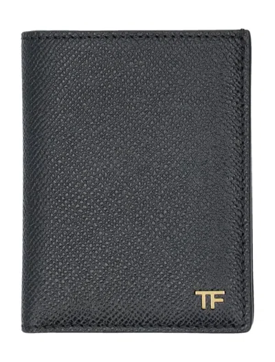 Tom Ford Small Grain Leather Folding Cardholder In Black