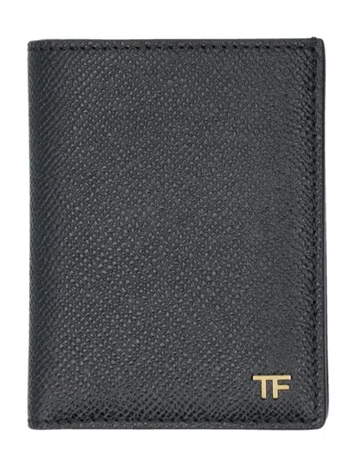 Tom Ford Small Grain Leather Folding Cardholder In Gray