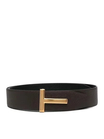 Tom Ford Small Grain Leather Reversible T Belt 40 Mm In Chocolate Black