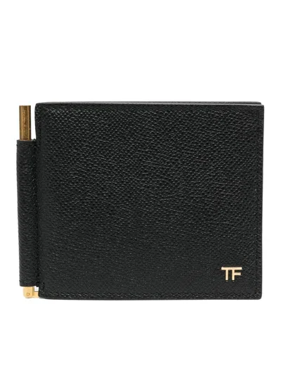 Tom Ford Small Grain Leather T Line Money Clip Wallet In Black