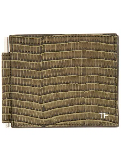 Tom Ford Croc-embossed Leather T-line Money Clip Wallet In Green