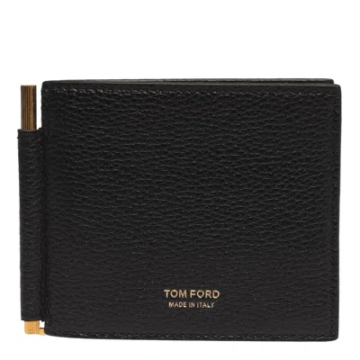 Tom Ford Garnet Leather And Gold Logo Card Holder In Black