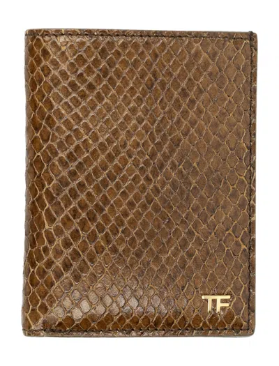 Tom Ford Small Snake Embossed Leather Folding Cardholder In Oak Beige