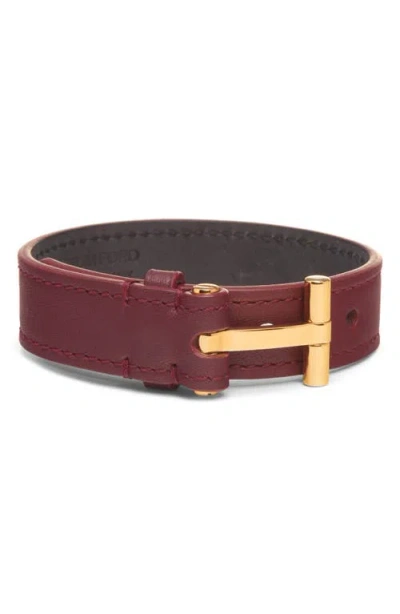 Tom Ford Smooth Leather T Bracelet In Burgundy