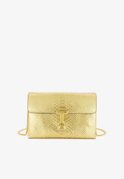 Tom Ford Snakeskin-effect T-logo Shoulder Bag In Gold