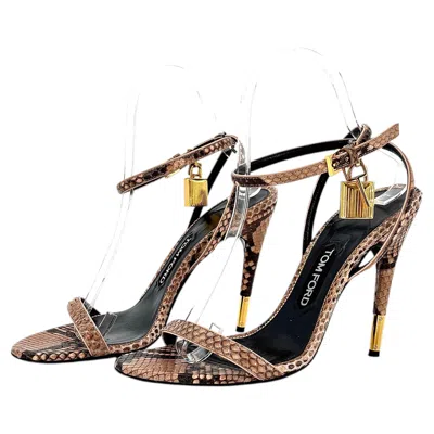 Pre-owned Tom Ford Snakeskin Padlock Heeled Ankle Strap Sandals 39 In Black