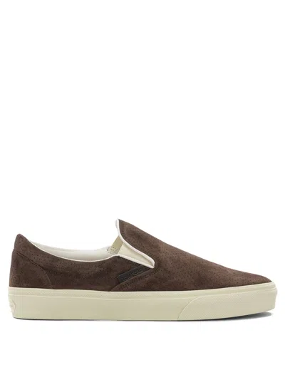 Tom Ford Sneakers Slip On Perforated Round Toe Rubber Sole In Brown