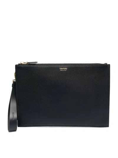 Tom Ford Soft Grain Leather Flat Pouch With Strap In Black