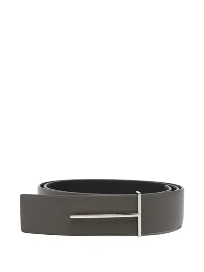 Tom Ford Soft Grain Leather Reversible Slim T Belt 38 Mm In Green