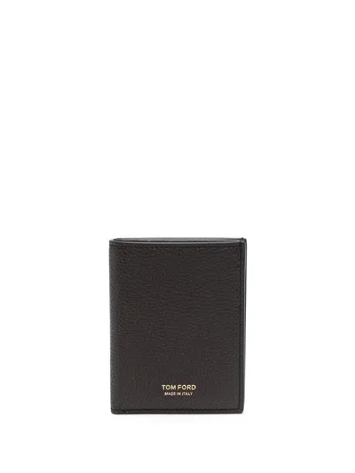 Tom Ford Soft Grain Leather T Line Folding Cardholder In Chocolate