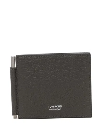 Tom Ford Soft Grain Leather T Line Money Clip Wallet In Gray
