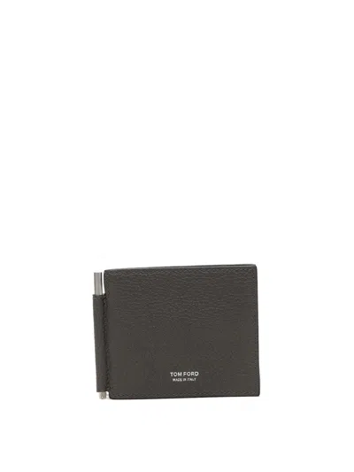 Tom Ford Soft Grain Leather T Line Money Clip Wallet In Grey