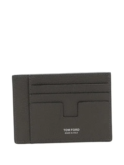 Tom Ford Soft Grain Leather T Line Oversize Card Holder In Gray