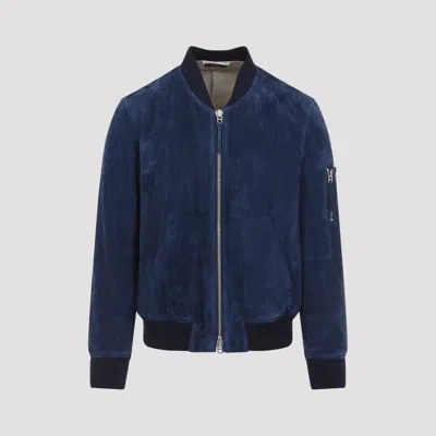 Tom Ford Leather-trimmed Lyocell-twill Bomber Jacket In Blue