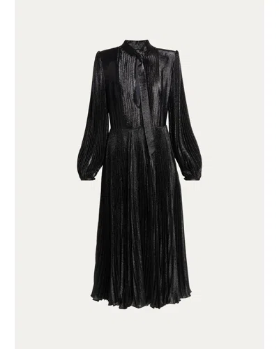 Tom Ford Soleil Metallic Silk Charmeuse Plisse Neck-tie Midi Dress In Black