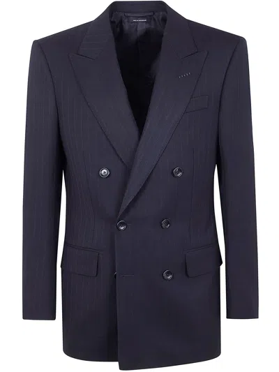 Tom Ford Solid Satin Stripe Double Breasted Jacket Clothing In Black