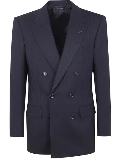Tom Ford Solid Satin Stripe Double Breasted Jacket Clothing In Black