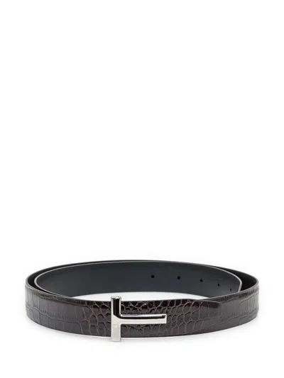 Tom Ford Sophisticated Leather Belt With Logo Buckle In Brown