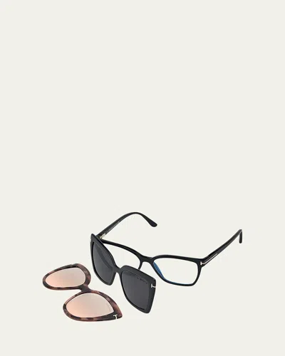 Tom Ford Square Blue-block Optical Frames W/ Two Magnetic Sunglasses Clips In Black