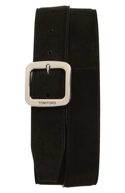 Tom Ford Square Buckle Suede Belt In Black