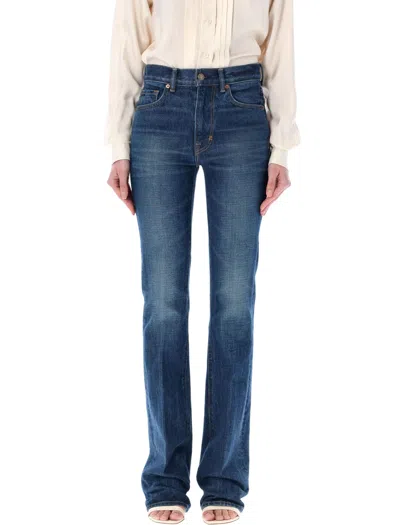 Tom Ford Stone Washed Denim Flared Jeans In Mid Blue