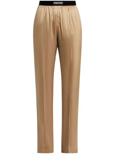 Tom Ford Stretch Silk Satin Straight Pants In Beige