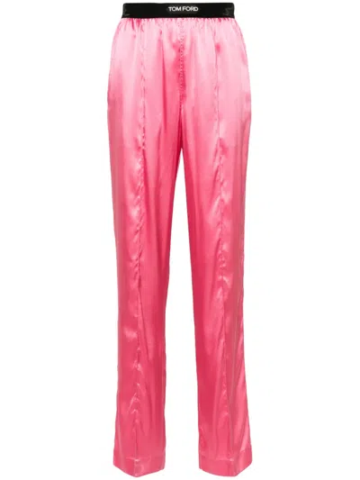 Tom Ford Jacquard-trimmed Stretch-silk Satin Wide-leg Pants In Pink