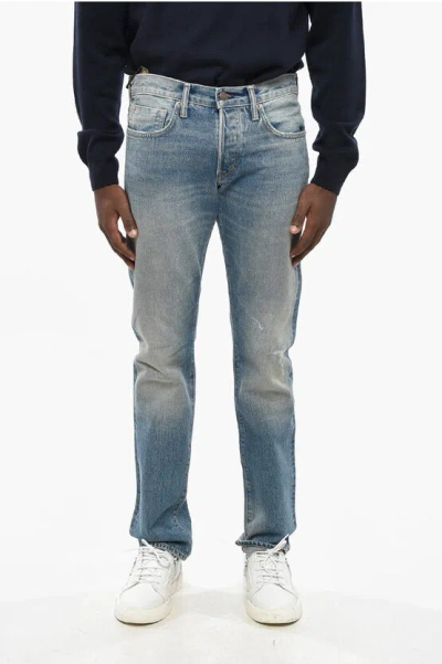 Tom Ford Straight Leg Slim Fit Jeans With Suede Logo Patch 18cm In Blue